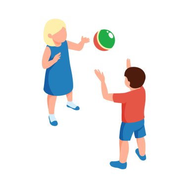 Anaokulu çağındaki erkek ve kız çocuklarının top 3 boyutlu vektör illüstrasyonuyla oynaması