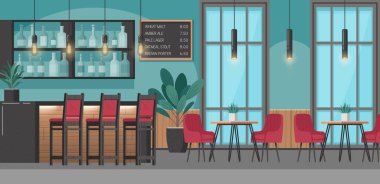 Bar sayacı ve mönü vektör illüstrasyonlu restoran içi çizgi film kavramı