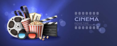 3D gözlüklü gerçekçi yatay sinema zaman çizelgesi abur cubur biletleri mavi arka planda bokeh vektör illüstrasyonlu alkış makarası