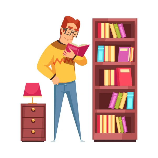 Man Glasses Reading Book Next Bookshelf Flat Vector Illustration — Stock Vector