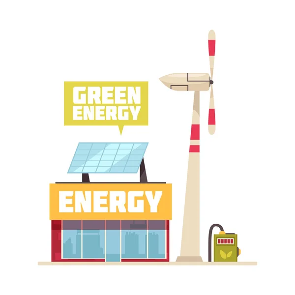 具有风力涡轮机和太阳能板的绿色可再生能源卡通概念在建筑矢量图解中的应用 — 图库矢量图片