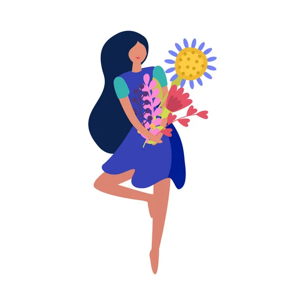 Κορίτσι Μακριά Σκούρα Μαλλιά Κρατώντας Δέσμη Των Λουλουδιών Επίπεδη Διανυσματική — Διανυσματικό Αρχείο