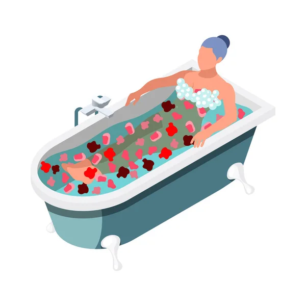 女性健康等距图标 女性角色在浴池中放松 插花3D矢量图解 — 图库矢量图片
