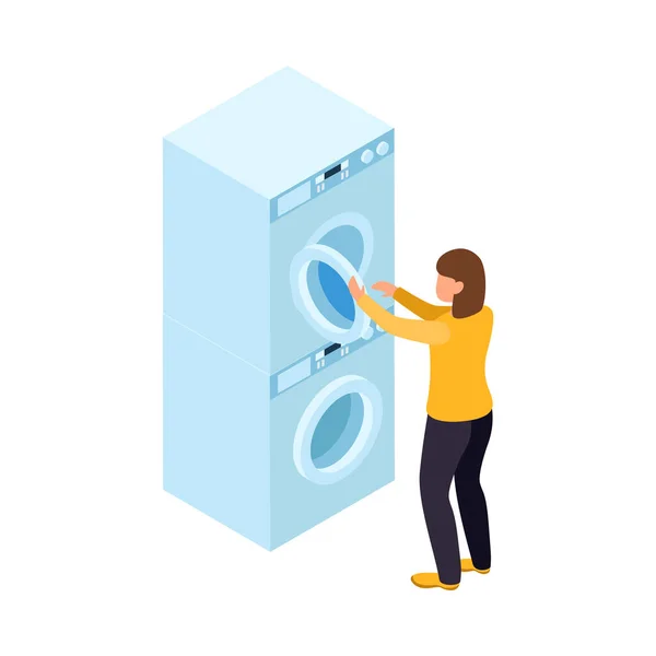 Coin Laundry Self Service Room Isometric Icon Woman Opening Washmachine — 스톡 벡터