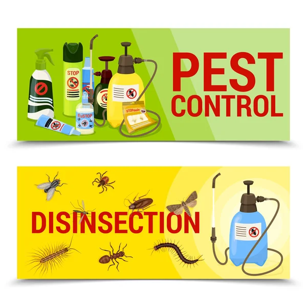 Twee Schadelijke Insecten Cartoon Horizontale Banner Set Met Ongediertebestrijding Desinsectie — Stockvector