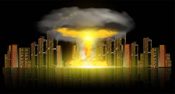 Powerful Nuclear Bomb Explosion Dropped City Realistic Composition Skyscrapers Black — Stock Vector