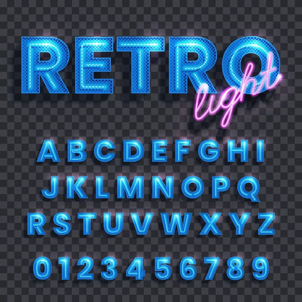 Retro Licht Transparante Achtergrond Met Verlicht Blauw Latijn Alfabet Cijfers — Stockvector