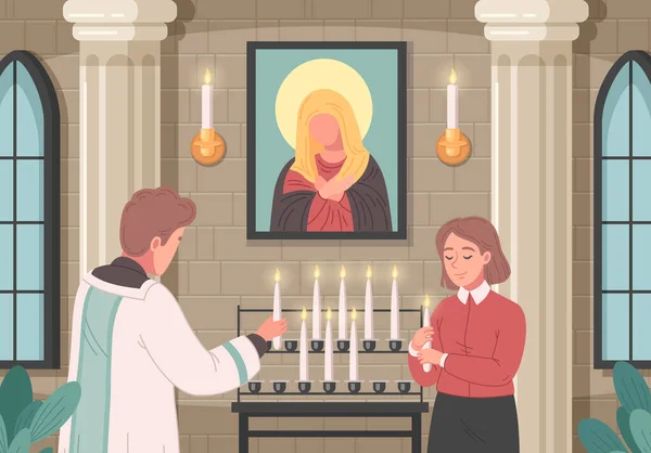 Caricature Église Chrétienne Avec Une Femme Tenant Une Bougie Allumée — Image vectorielle