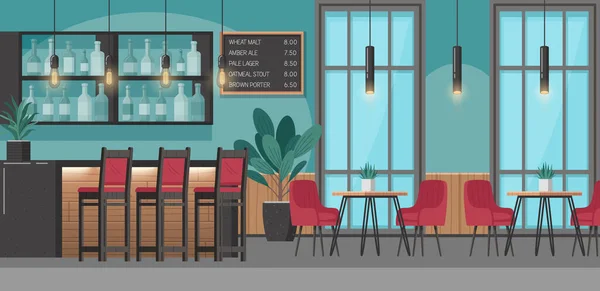 Restaurante Interior Concepto Dibujos Animados Con Barra Mostrador Tablero Menú — Vector de stock