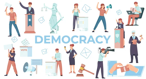 Demokrasi Siyasetle Meşgul Bir Grup Insan Seçim Tartışmalarını Verme Sürecini — Stok Vektör