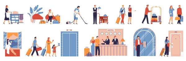 Hotel Flat Set Met Bezoekers Personeel Geïsoleerd Witte Achtergrond Vector — Stockvector