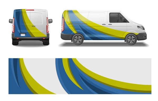 車ファンモックアップラップデザインアートワークベクトルイラストと横と後ろの車のビューの現実的なセット — ストックベクタ