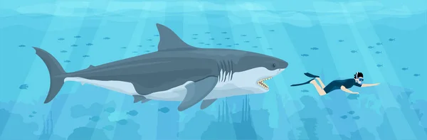 Καρχαρίες Και Δύτης Επίπεδη Σύνθεση Υποβρύχια Άποψη Του Πλωτό Καρχαρία — Διανυσματικό Αρχείο