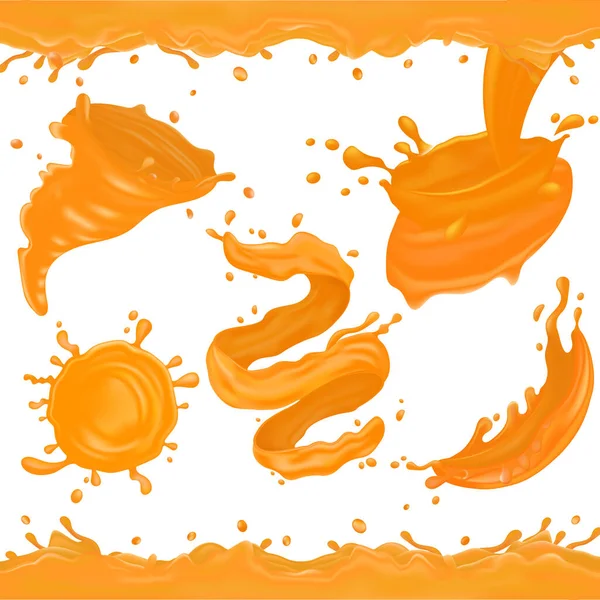 Jus Orange Éclaboussures Différentes Formes Ensemble Réaliste Sur Fond Blanc — Image vectorielle