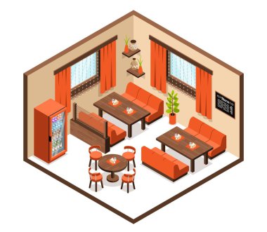 Isometric restoran iç konsepti yemek mobilyaları ve buzdolabı vektör illüstrasyonu