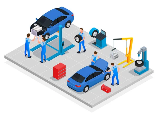 Atelier Voiture Composition Isométrique Avec Des Travailleurs Professionnels Effectuant Entretien — Image vectorielle