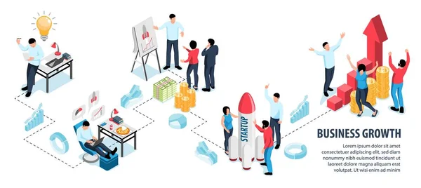 Diagrama Flujo Crecimiento Empresarial Isométrico Con Ilustración Vectores Símbolos Desarrollo — Archivo Imágenes Vectoriales