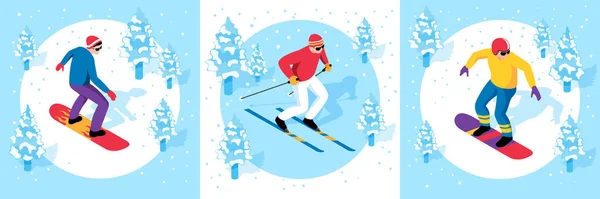 Isometric Ski Resort Concept Set Sportsmen Skiing Snowboarding Isolated Vector — Stock Vector