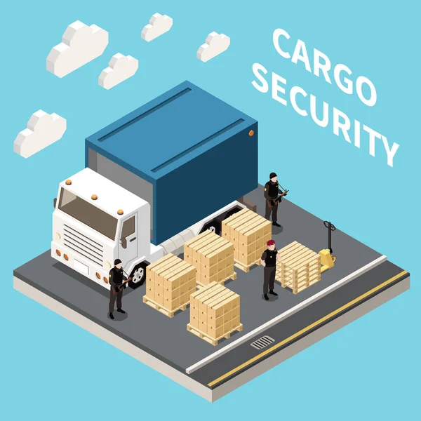 Cargo Security Service Isometrische Achtergrond Met Team Van Gewapende Bewakers — Stockvector
