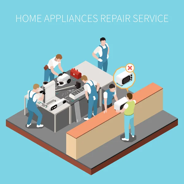 Werkplaats Voor Reparatie Van Huishoudelijke Apparaten Isometrische Samenstelling Met Werknemers — Stockvector