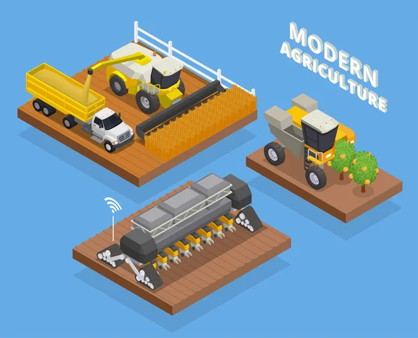 Maquinaria Agrícola Moderna Composición Isométrica Con Texto Plataformas Con Camión — Archivo Imágenes Vectoriales