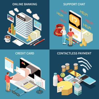 Çevrimiçi mobil bankacılık hizmeti 2x2 izometrik konsept konsept set kredi kartı erişimsiz ödeme desteği chat kare ikonlarının vektör çizimi