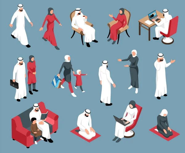 Isometric Arab Islam Keluarga Ikon Ditetapkan Dengan Karakter Manusia Terisolasi - Stok Vektor