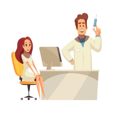 Mutlu hemşire ve doktorun elinde şırınga vektörü çizimi olan aşı karikatürü konsepti