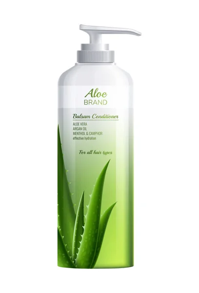 Realistisk Flaska Aloe Vera Hårbalsam Med Naturliga Ingredienser Vektor Illustration — Stock vektor