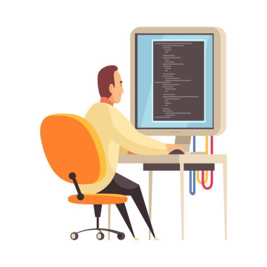 Bilim laboratuvarı karikatür vektör çiziminde bilgisayar üzerinde çalışan erkek bilim adamı