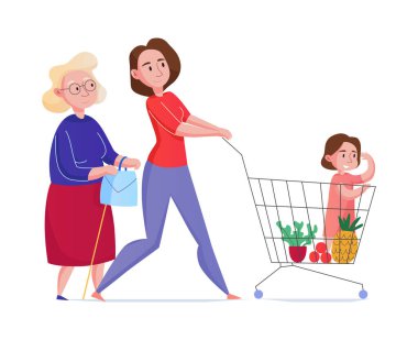 Kadın nesli, anneannesi ve kızıyla birlikte süpermarket düz vektör çiziminde alışveriş yapıyor.