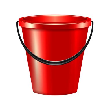 Beyaz arka planda kırmızı plastik kova gerçekçi vektör çizimi