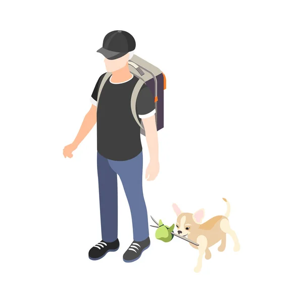 Sırt Çantalı Isome Adam Küçük Sevimli Köpeğiyle Geziyor Vektör Çizimi — Stok Vektör