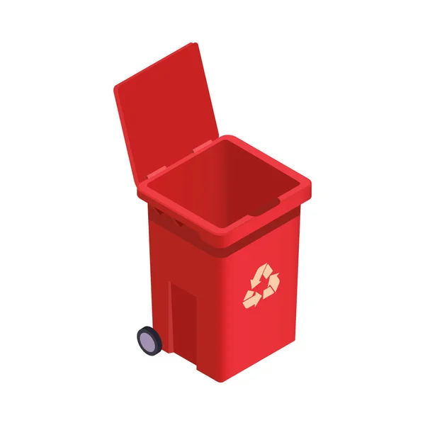 Poubelle Rouge Ouverte Isométrique Avec Illustration Vectorielle Symbole Recyclage — Image vectorielle