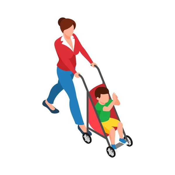 Isometrische Moeder Wandelen Met Baby Wagen Vector Illustratie — Stockvector