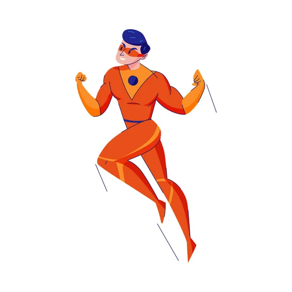 Flat Powerful Male Superhero Orange Costume Vector Illustration — Stock Vector