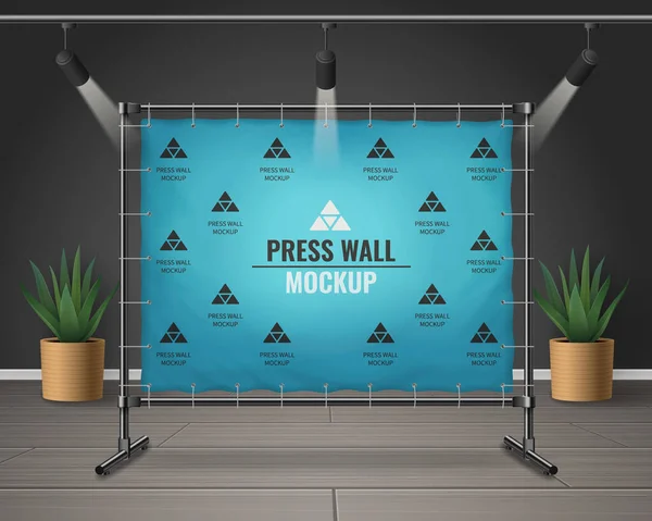 Mockup Dinding Pers Realistis Diterangi Oleh Lampu Sorot Dalam Ruangan - Stok Vektor