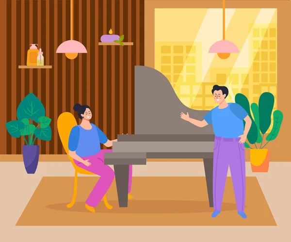 有创造力的人休闲平淡的背景音乐 女人坐在钢琴旁 伴唱男人的矢量插图 — 图库矢量图片