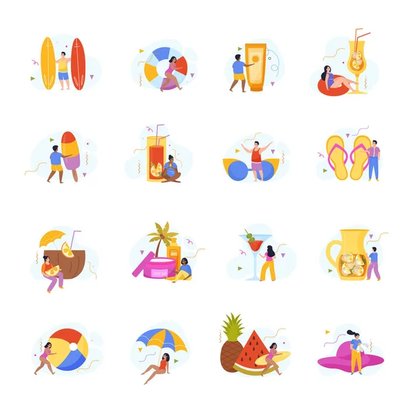 Relax Chill Flat Icons Set People Spending Vacation Summer Beach — Stock Vector