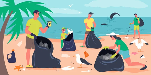 Deniz Kıyısı Düz Vektör Illüstrasyonunu Temizleyen Gönüllülerle Çevre Kirliliği Kavramı — Stok Vektör
