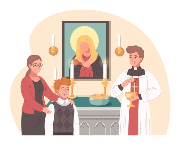 Christelijke Kerk Cartoon Scène Met Kind Tijdens Sacrament Vector Illustratie — Stockvector