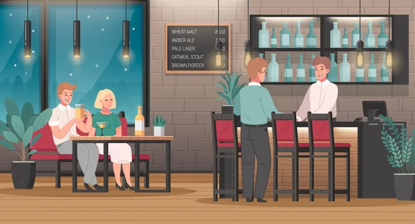 餐厅内部卡通片场景与酒保和愉快游客矢量插图 — 图库矢量图片