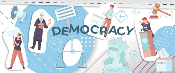 Demokrasi Düz Kolajı Siyasi Özgürlük Kampanyası Yürüten Insan Karakterlerinin Vektör — Stok Vektör
