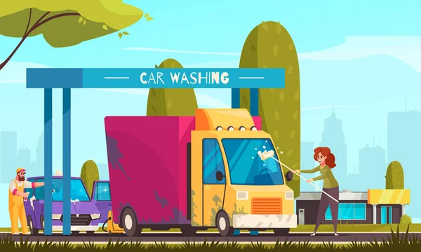 Skład Myjni Samochodowej Kobieta Sprzątanie Brudne Van Wektor Kreskówki Ilustracja — Wektor stockowy