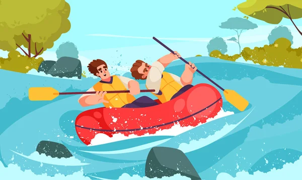 River Rafting Concept Met Mensen Roeien Kano Cartoon Vector Illustratie — Stockvector