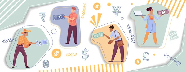 Internationale Zahlungs Collage Mit Finanzsymbolen Flache Vektorillustration — Stockvektor