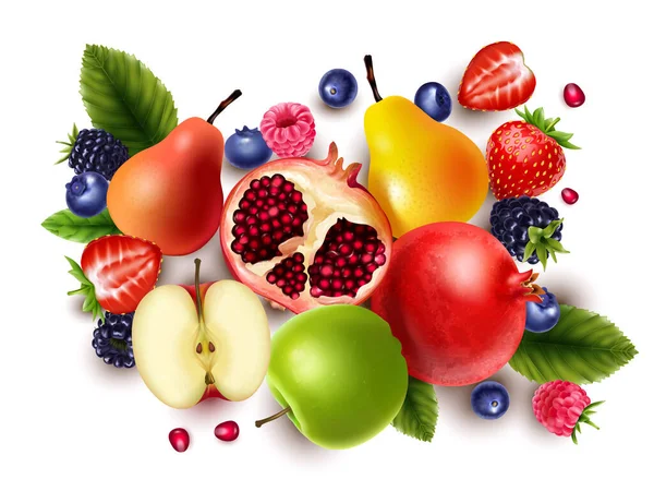 Realistische Frische Früchte Und Beeren Draufsicht Mit Apfel Granatapfel Erdbeer — Stockvektor