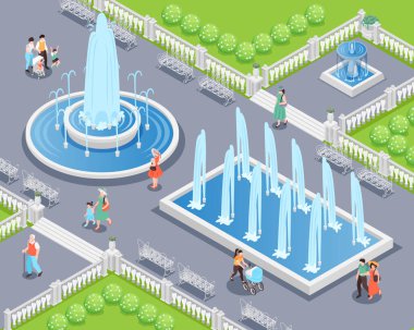 Su çeşmeleri vektör illüstrasyonunda yürüyen insanların olduğu Isometric şehir parkı kompozisyonu