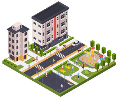 Regular sport physical activity people isometric composition with view of city district with houses athletic playgrounds vector illustration clipart
