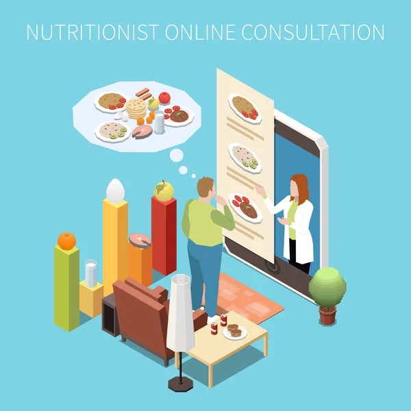 Consultazione Online Con Nutrizionista Composizione Isometrica Con Uomo Sovrappeso Parlando — Vettoriale Stock